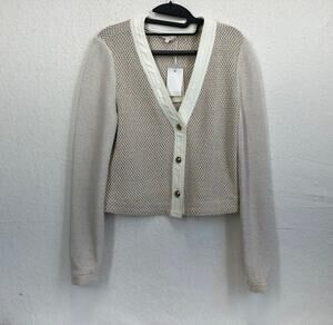 Ramy Brook Huda Mixed Media Cardigan Woven Contrast Trim SZ M NWT Quiet Luxury